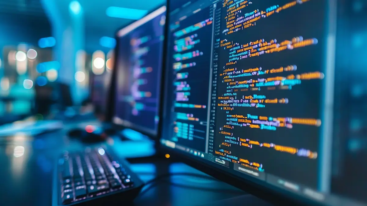 Close-up of code on monitors representing custom app development and system integration