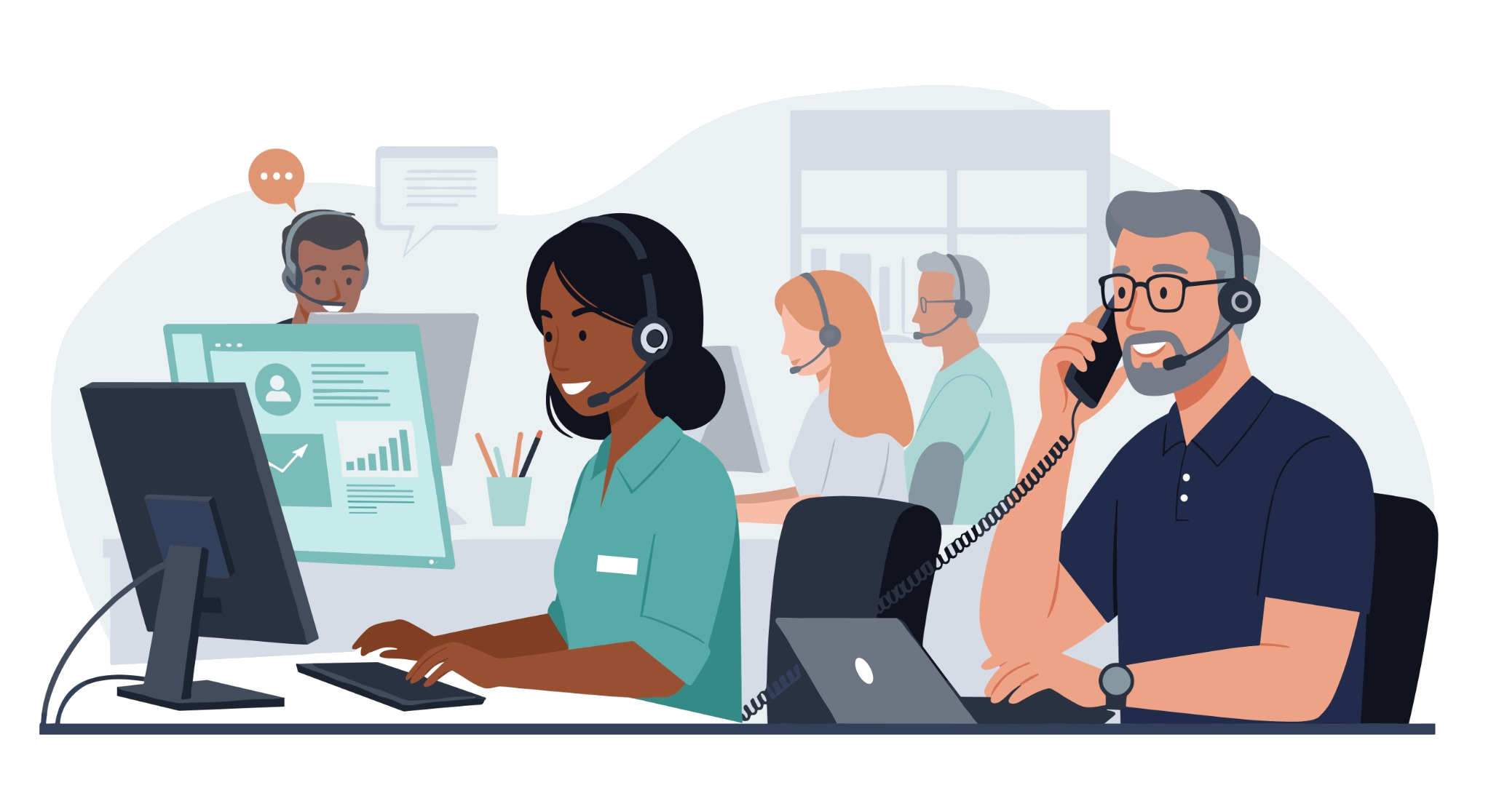Support team assisting clients