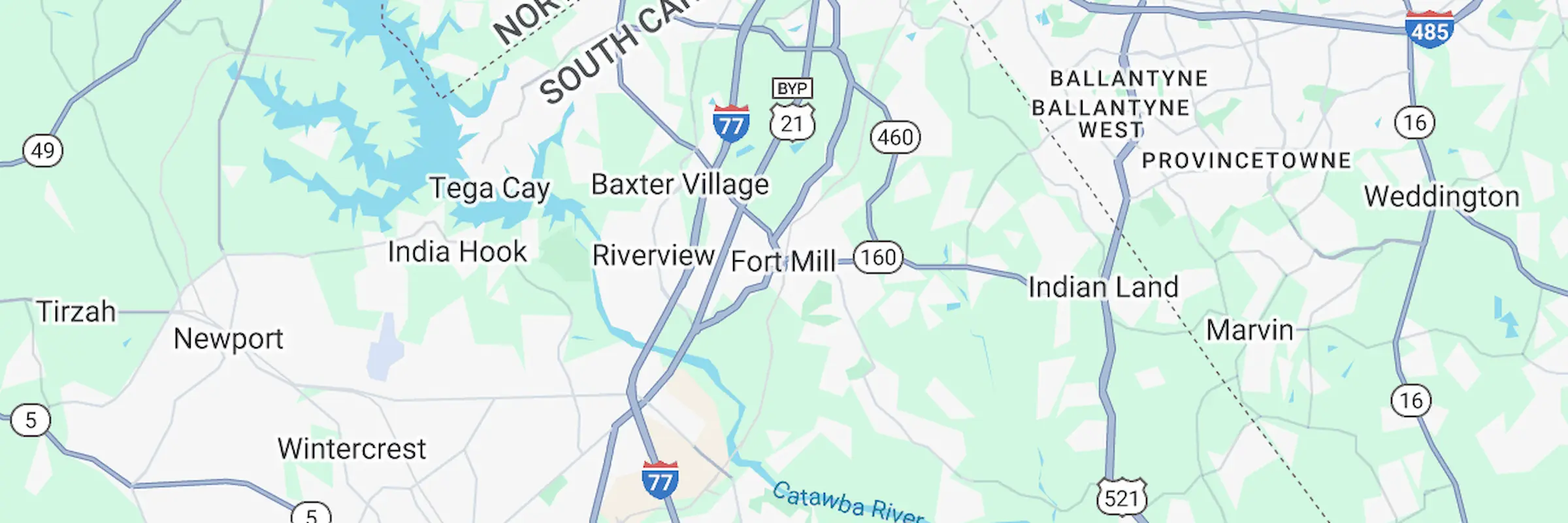 Static map of Fort Mill, South Carolina area showing Riverview, Indian Land, and nearby towns