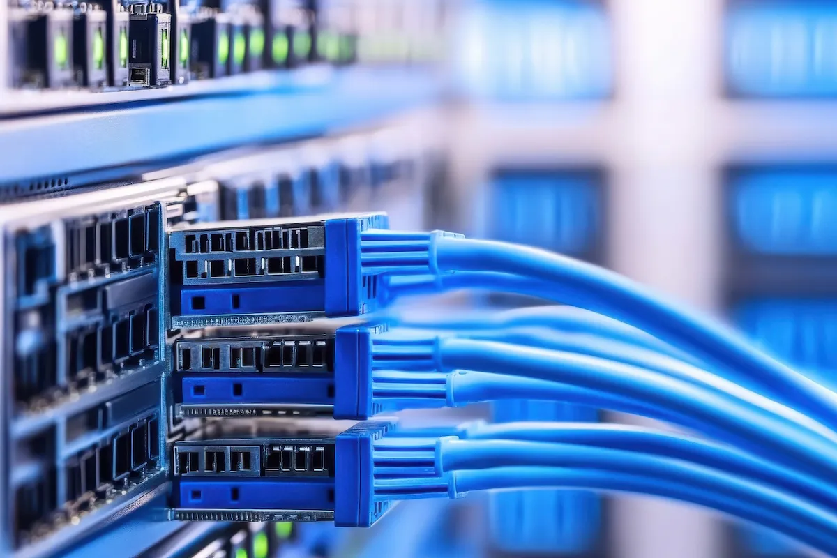 Network switch with neatly organized blue patch cables