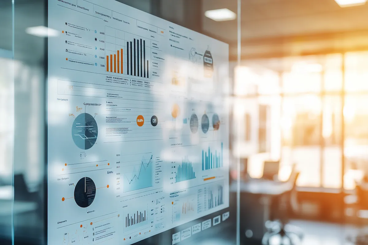 Program management dashboard with charts and milestones on a glass board